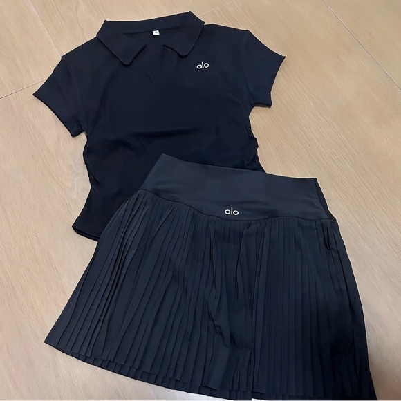 ALO Yoga Dresses & Skirts - Alo Black Polo Top & Pleated Skirt Set